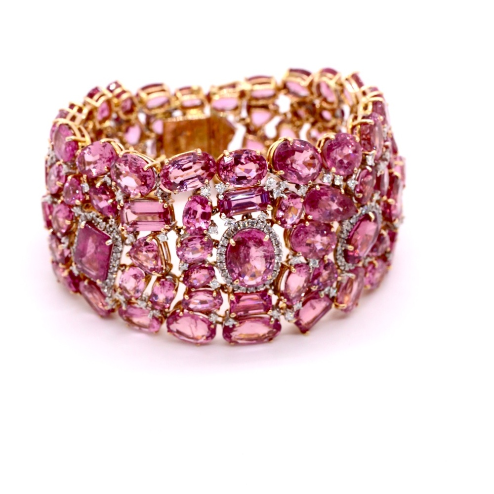 66.47 Pink Spinel Yellow Gold Diamonds Bracelet - Picture 5 of 12